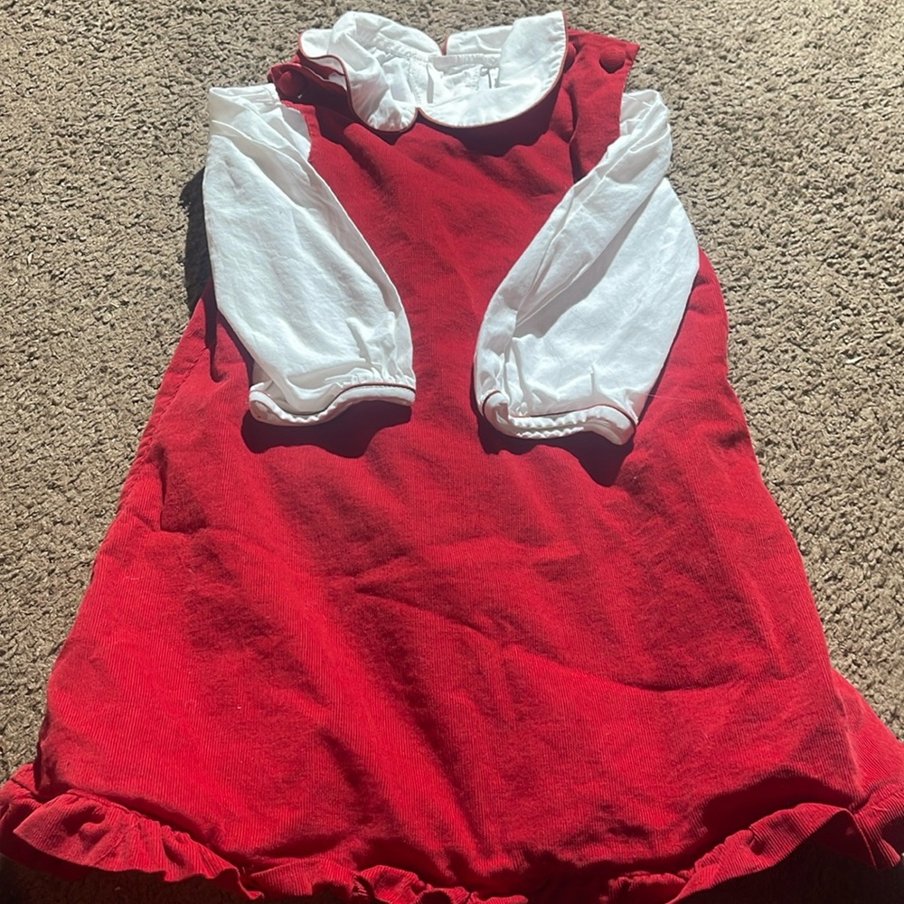 Girls corduroy type red dress. With white undershirt lined red. Size 5.